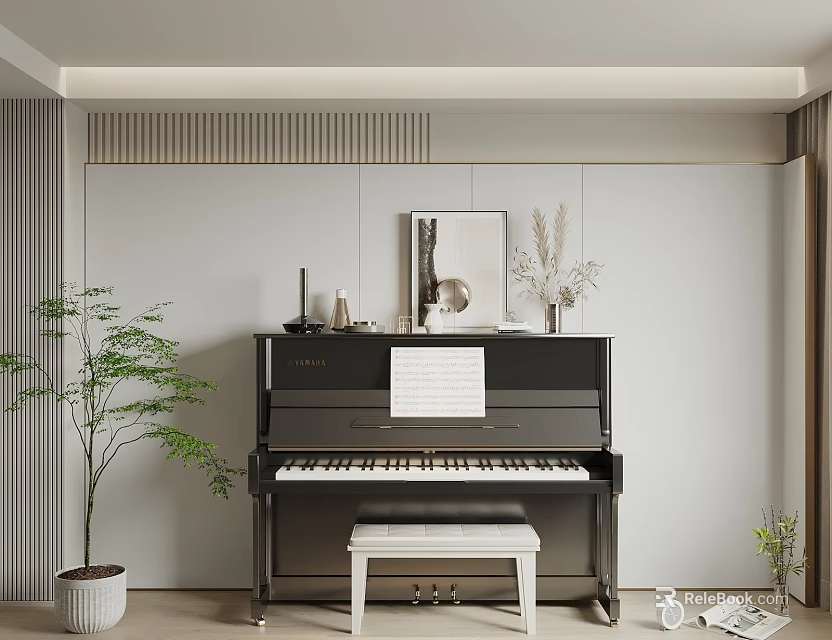 Elegant Black Piano Interior With Sheet Music Art Supplies And Decorative Plants 3d model 