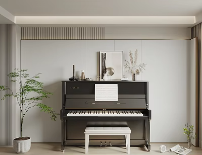 Elegant Black Piano Interior With Sheet Music Art Supplies And Decorative Plants 3d model