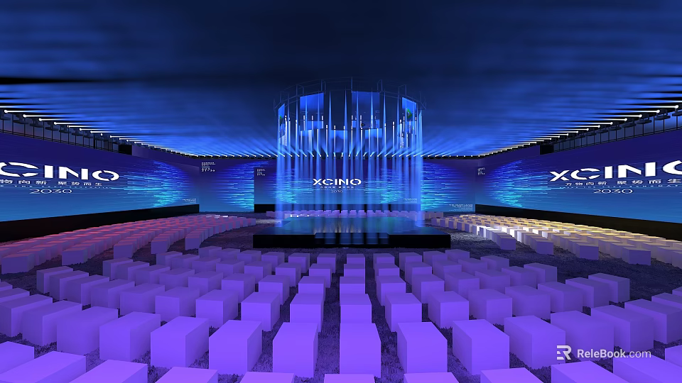 XCIND Modern Stage with Blue Lighting Illuminated Pillars and Audience Seats 3d model 