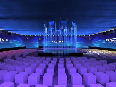 XCIND Modern Stage with Blue Lighting Illuminated Pillars and Audience Seats 3d model