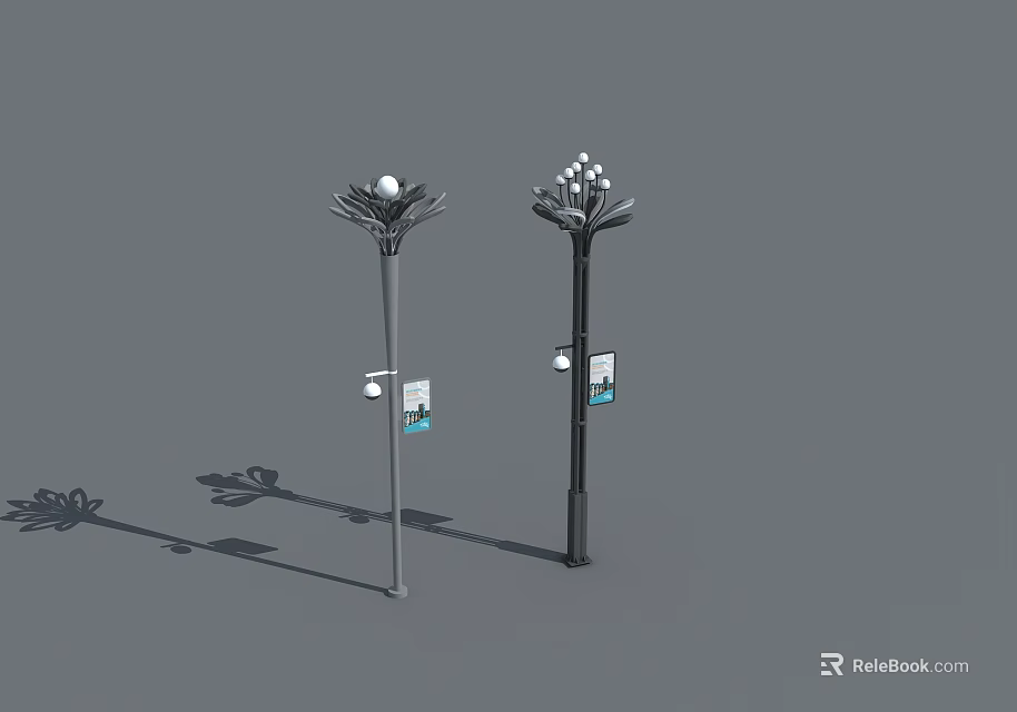 Outdoor Street Lights With Floral Top Design And Attached Information Panels 3d model 