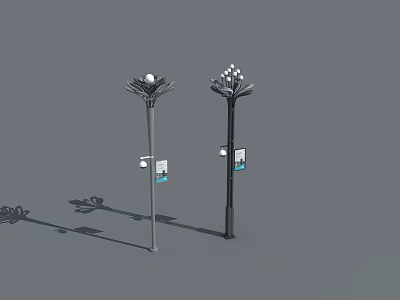 Outdoor Street Lights With Floral Top Design And Attached Information Panels 3d model