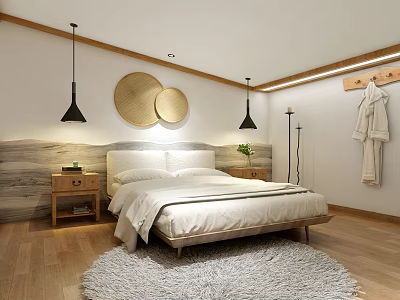 Hotel Room Interior With Large Bed Circular Wall Decor White Rug And Wooden Accents 3d model