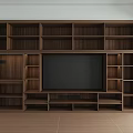 Modern Minimalist TV Stand With White Cabinetry Black Screen Wooden Shelves And Drawers