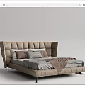 Modern Wingback Double Bed Upholstered In Beige With Gray Sheets And Brown Blanket