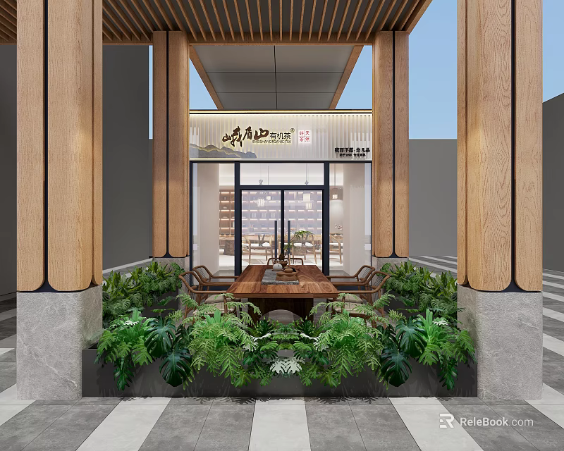 Traditional Teahouse Exterior Design With Wooden Pillars Green Plants And Wooden Tables 3d model 