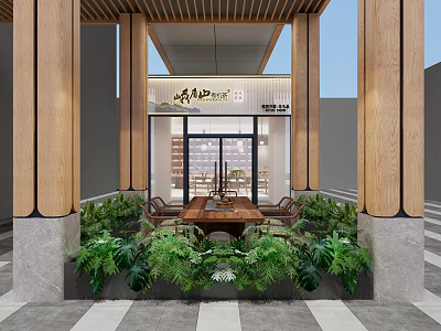 Traditional Teahouse Exterior Design With Wooden Pillars Green Plants And Wooden Tables 3d model