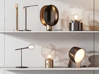 Modern Table Lamps with Various Designs on White Shelf Display Contemporary Style Home Decor 3d model