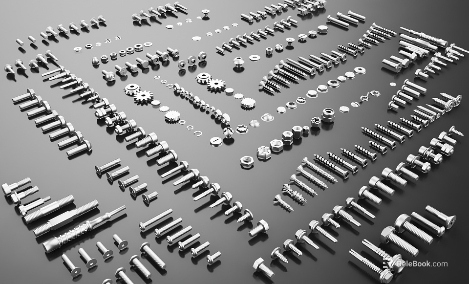 Various Metal Fasteners Including Bolts Nuts And Washers Arranged On Black Background 3d model 