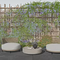 Lush Vines With Purple Flowers Climbing Bamboo Fence In Courtyard With Wicker Chairs And Table