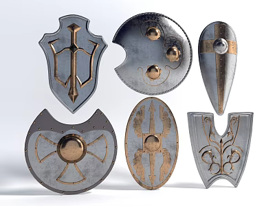 Medieval Shields with Various Decorative Patterns and Metallic Finishes in Defensive Weapon Collection 3d model