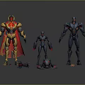 Robotic Characters With Various Colors Designs Golden Red Cape Gray Blue Helmet And Small Device