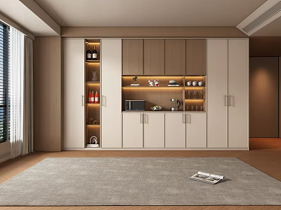 Modern Built in Wine Cabinet With Wooden Panels And Wine Bottles In Bright Interior Space 3d model