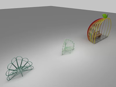 Unique Public Chairs With Floral And Apple Shaped Metal Structures In Green And Colorful Design 3d model