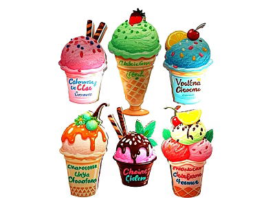 Colorful Ice Cream Cones With Various Flavors And Fresh Fruit Toppings 3d model