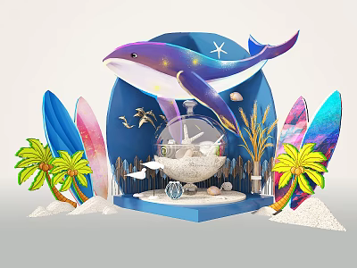 Whale Themed Decor Featuring Surfboards Palm Trees Transparent Sphere And Shells 3d model