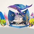 Whale Themed Decor Featuring Surfboards Palm Trees Transparent Sphere And Shells 3d model
