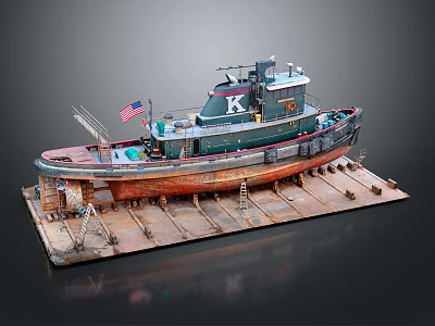Tugboat With American Flag And Letter K In Dry Dock 3d model