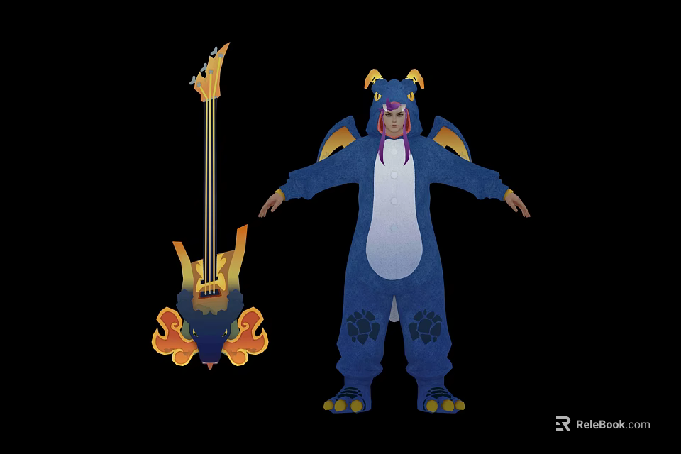 Blue Costumed Character With Horns And Wings Standing Next To Flame Decorated Bass Guitar 3d model 