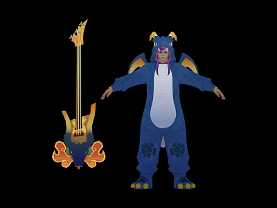 Blue Costumed Character With Horns And Wings Standing Next To Flame Decorated Bass Guitar 3d model