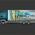 Teal Mercedes-Benz Truck With Colorful Forest Graphics On Trailer White Roof And Reflective Surface