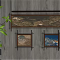 Dark Wooden Wall Decor With Long Landscape Painting Square Artworks And Green Plant