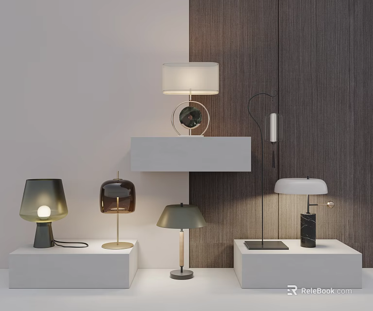 Modern Table Lamps with Various Designs on White Display Shelves in Modern Interior 3d model 