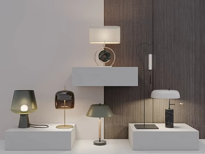 Modern Table Lamps with Various Designs on White Display Shelves in Modern Interior 3d model