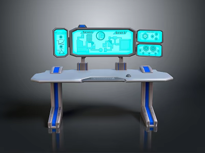 Futuristic Console With Multiple Screens Blue Lighting Silver Countertop And Blue Support Legs 3d model