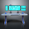 Futuristic Console With Multiple Screens Blue Lighting Silver Countertop And Blue Support Legs