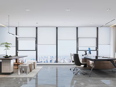 Modern Office Interior Design With Large Windows City View Desk Office Chair And Green Plant 3d model