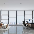 Modern Office Interior Design With Large Windows City View Desk Office Chair And Green Plant