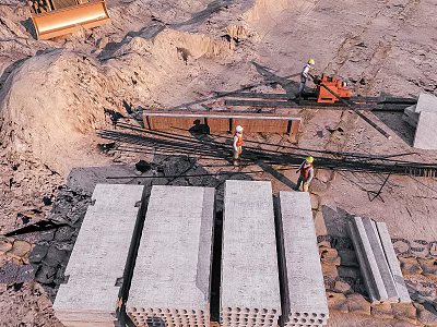 Road Infrastructure Construction Site Featuring Concrete Slabs And Workers With Equipment 3d model