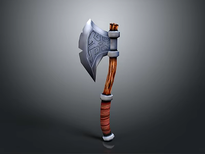 Handcrafted Axe With Metal Blade Carved Patterns And Wooden Handle Red White Wrapping 3d model
