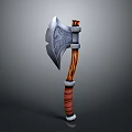 Handcrafted Axe With Metal Blade Carved Patterns And Wooden Handle Red White Wrapping