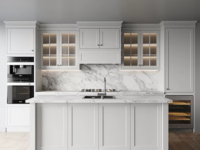 Elegant Modern Kitchen Interior With Marble Countertops White Cabinets And Island 3d model