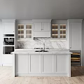 Elegant Modern Kitchen Interior With Marble Countertops White Cabinets And Island