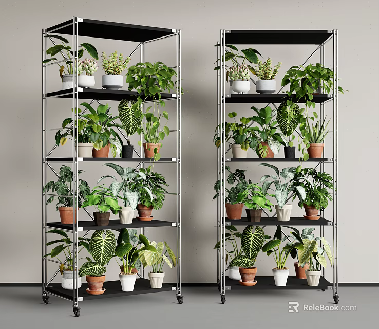 Durable Metal Shelving Unit With Multiple Tiers Holding Various Potted Green Plants 3d model 