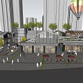 Modern Commercial Street With Outdoor Cafe Seating Pedestrians Greenery And Hot Air Balloon