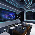 Modern KTV Interior With Blue Neon Lighting Comfortable Sofa Large Screen And Coffee Tables