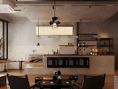 Modern Café Interior With Bar Counter Menu Board And Hanging Lights 3d model