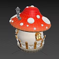 Mushroom Shaped Wooden House with Red White Spotted Roof Snow Small Chimney and Green Plants