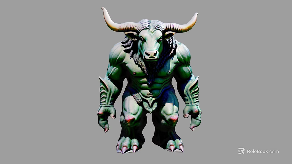Green Muscular Bull Horned Game Movie Character With Strong Build And Decorative Arm Details 3d model 