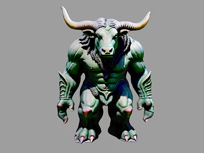 Green Muscular Bull Horned Game Movie Character With Strong Build And Decorative Arm Details 3d model