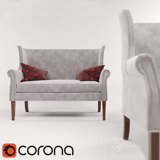 Modern Gray Fabric Two Seater Sofa With Red Patterned Pillows And Wooden Legs 3d model 