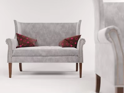 Modern Gray Fabric Two Seater Sofa With Red Patterned Pillows And Wooden Legs 3d model