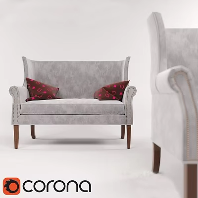 Modern Gray Fabric Two Seater Sofa With Red Patterned Pillows And Wooden Legs 3d model