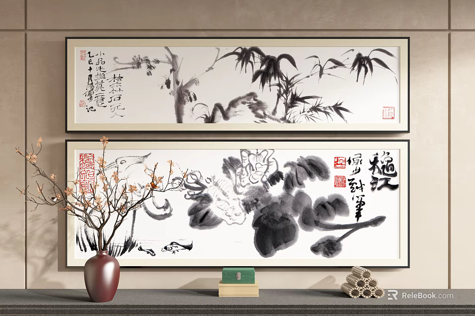 Traditional Chinese Ink Paintings With Vase Books And Bamboo Rolls Decorative Setup 3d model 