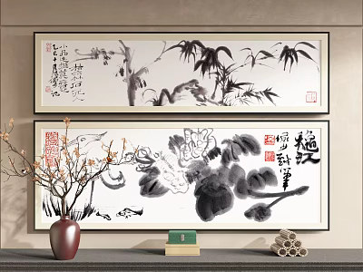 Traditional Chinese Ink Paintings With Vase Books And Bamboo Rolls Decorative Setup 3d model