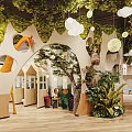 Modern Hotel Lobby Interior With Wooden Elements Green Plants Cloud Decorations Curved Sofa And Bookshelves